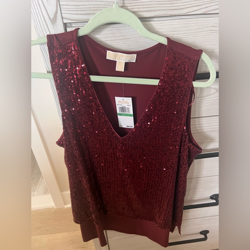 Michael Kors Burgundy Sequin V-Neck Tank Top